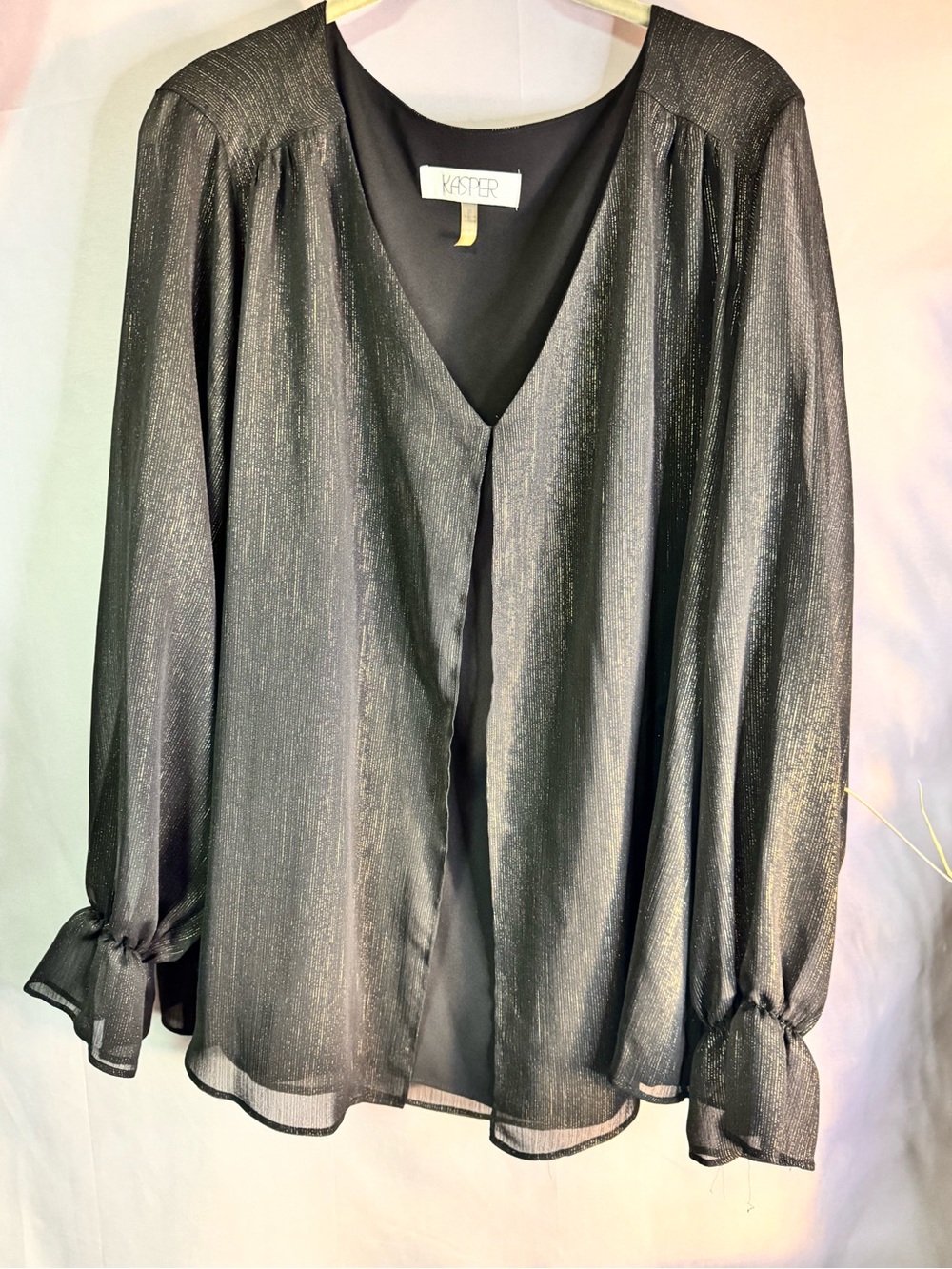 Kasper Metallic Black V-Neck Long-Sleeve Blouse